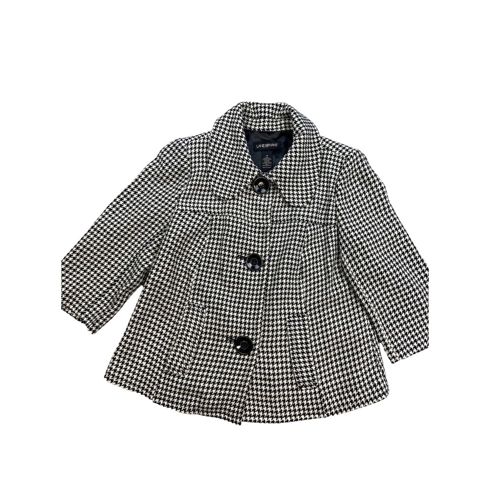 Lane Bryant Coat Womens 14 Black White Houndstooth Pea 3/4 Sleeve Button Lined